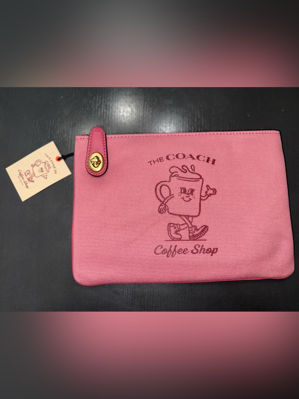 COACH Pink Canvas 'Coffee Shop' Graphic Pouch with Brown Leather Strap